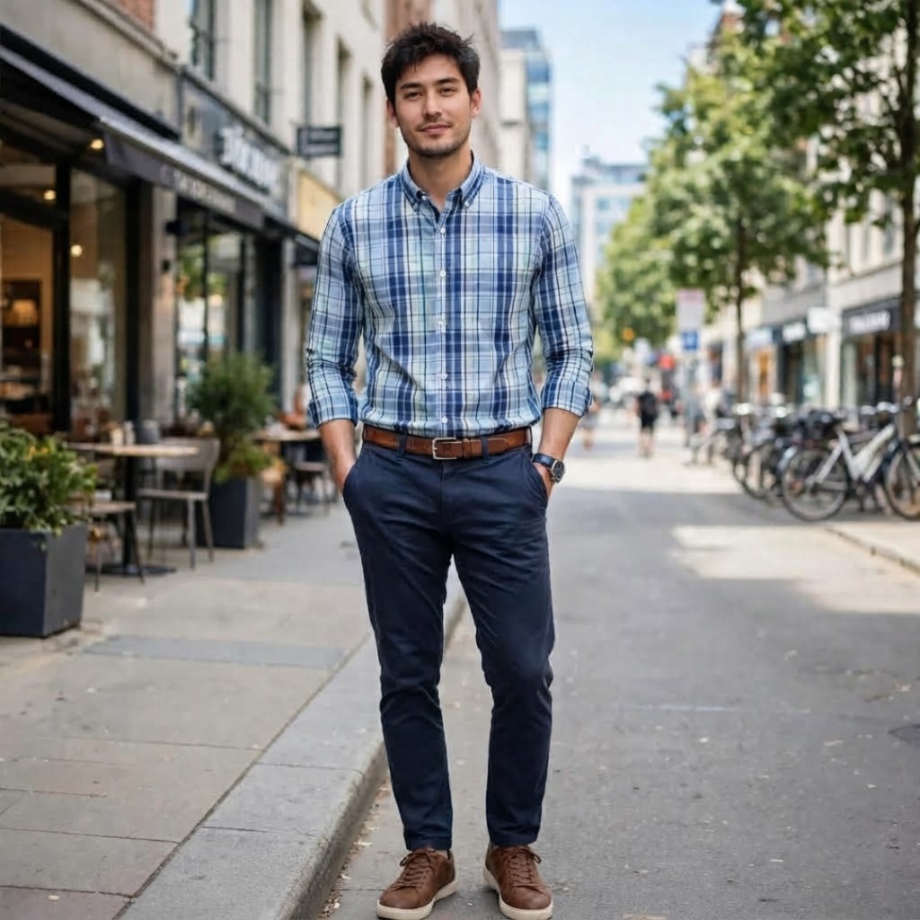 Men's Blue Plaid Long-Sleeve Button-Down Shirt