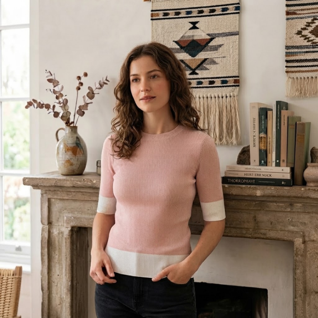 Ribbed Short Sleeve Sweater – Pink
