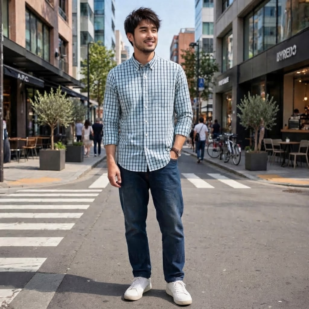 Men's Plaid Long-Sleeve Button-Down Shirt