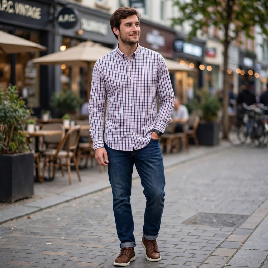 Men's Checkered Long-Sleeve Button-Down Shirt