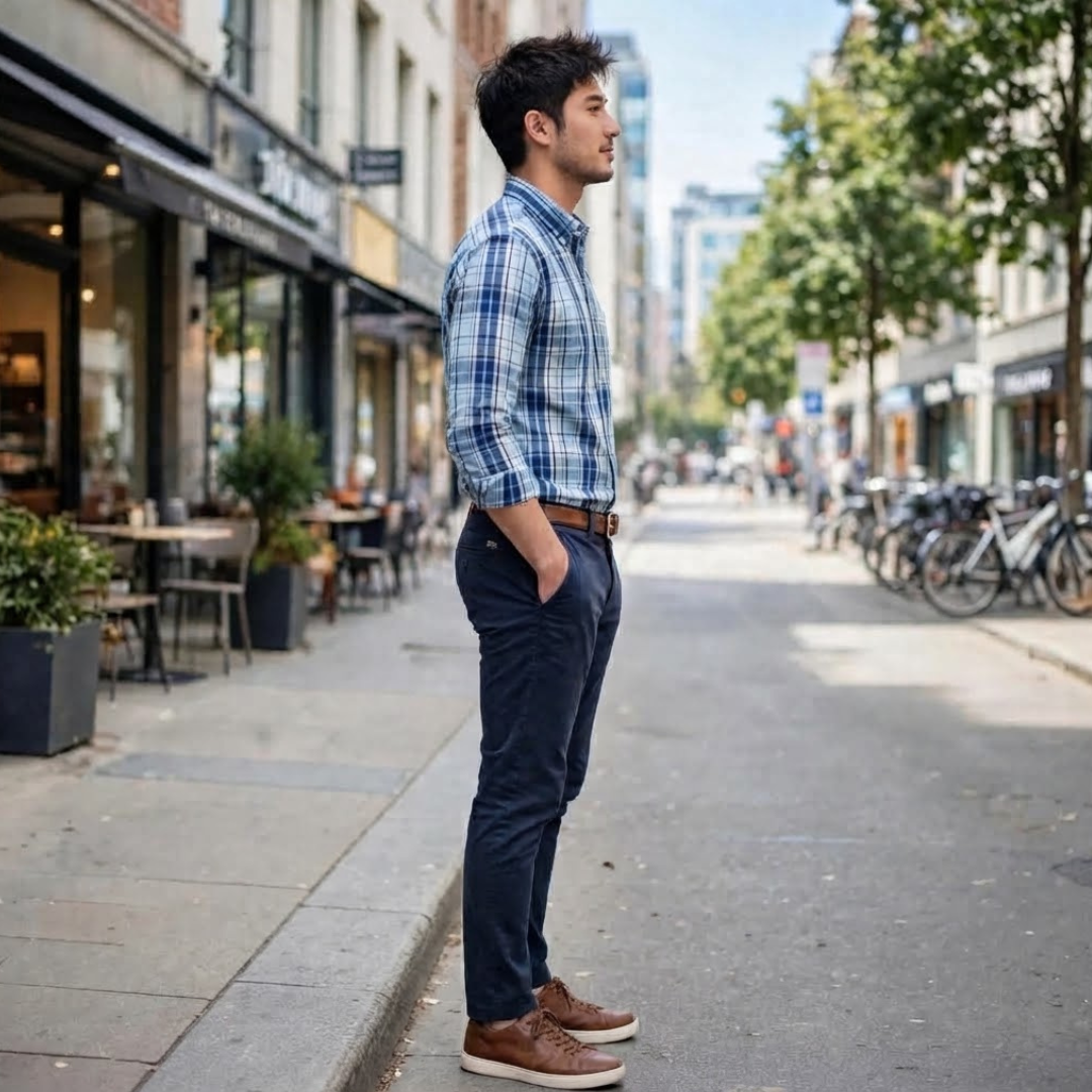 Men's Blue Plaid Long-Sleeve Button-Down Shirt