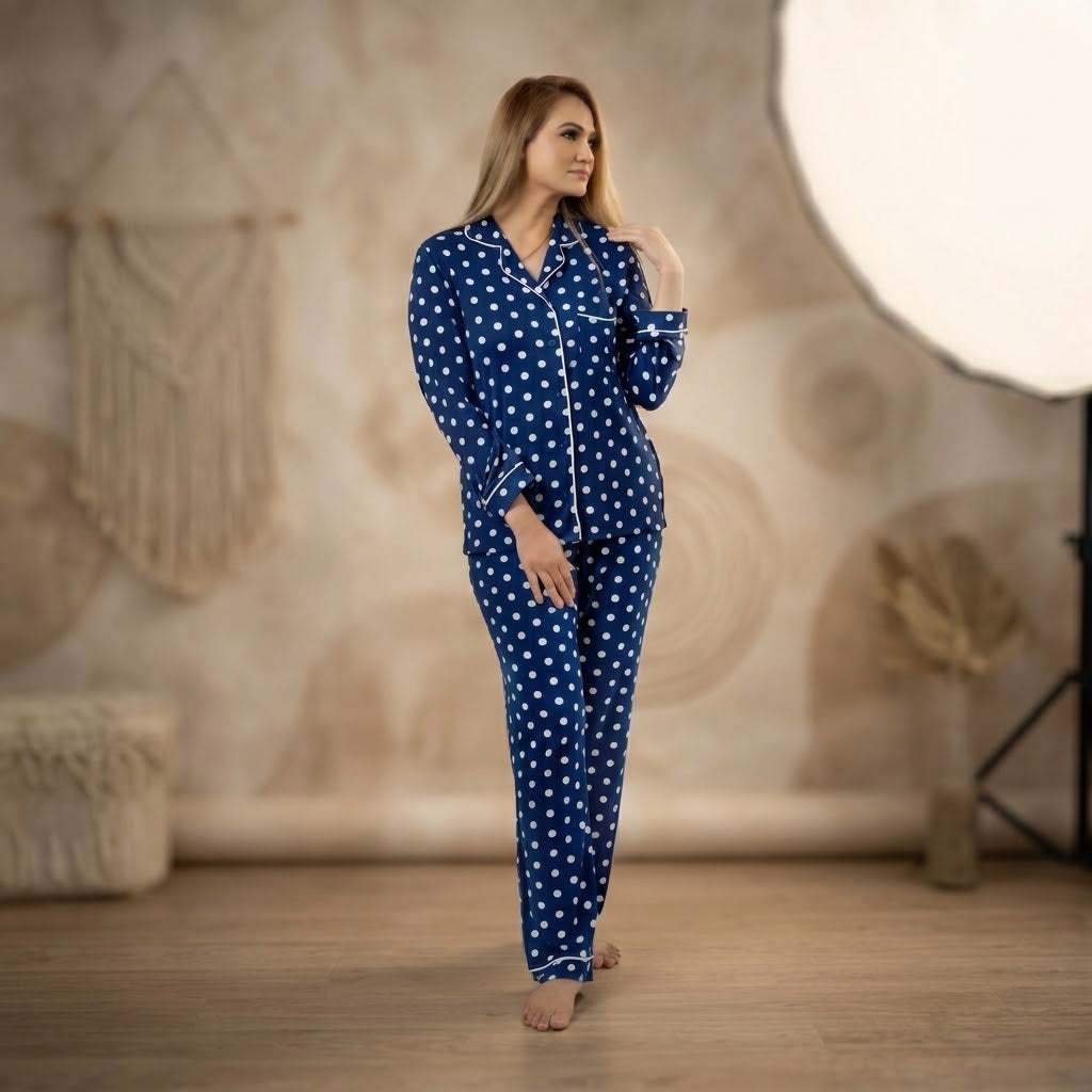 Women’s Navy Blue Polka Dot Pyjama Set – Long Sleeve Satin Sleepwear