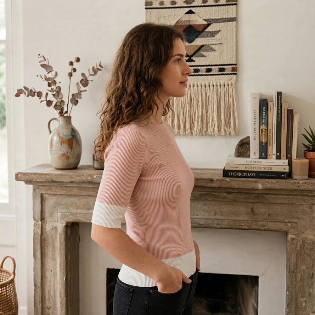 Ribbed Short Sleeve Sweater – Pink