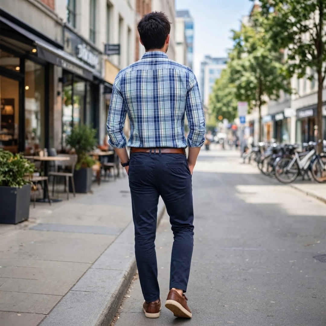 Men's Blue Plaid Long-Sleeve Button-Down Shirt