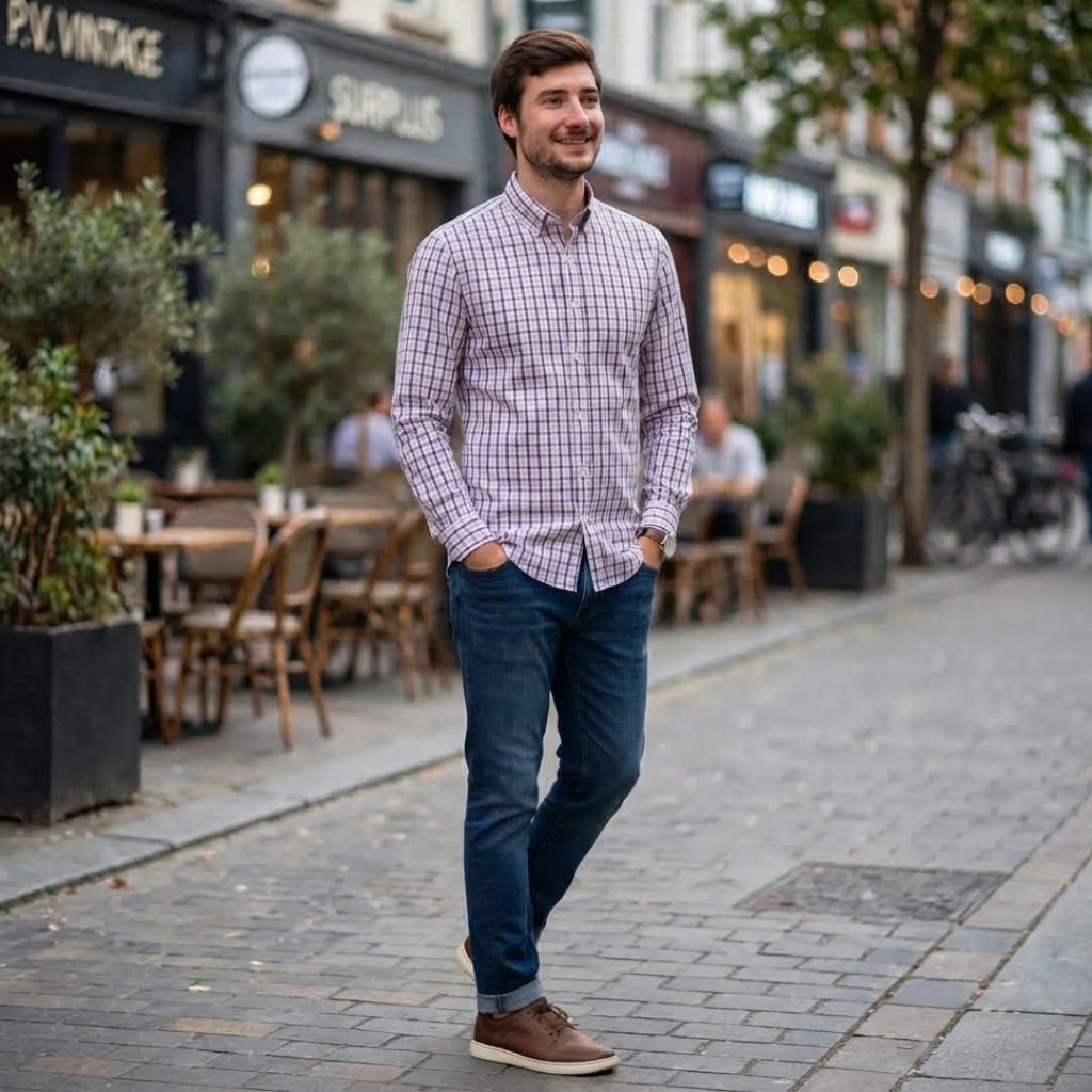 Men's Checkered Long-Sleeve Button-Down Shirt