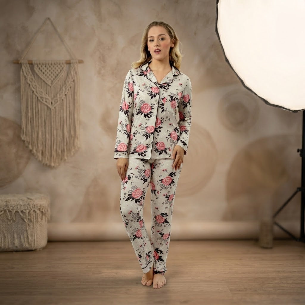 Women’s Floral Print Pyjama Set – Long Sleeve Button-Up Nightwear