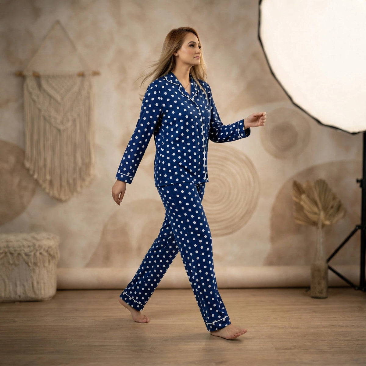 Women’s Navy Blue Polka Dot Pyjama Set – Long Sleeve Satin Sleepwear