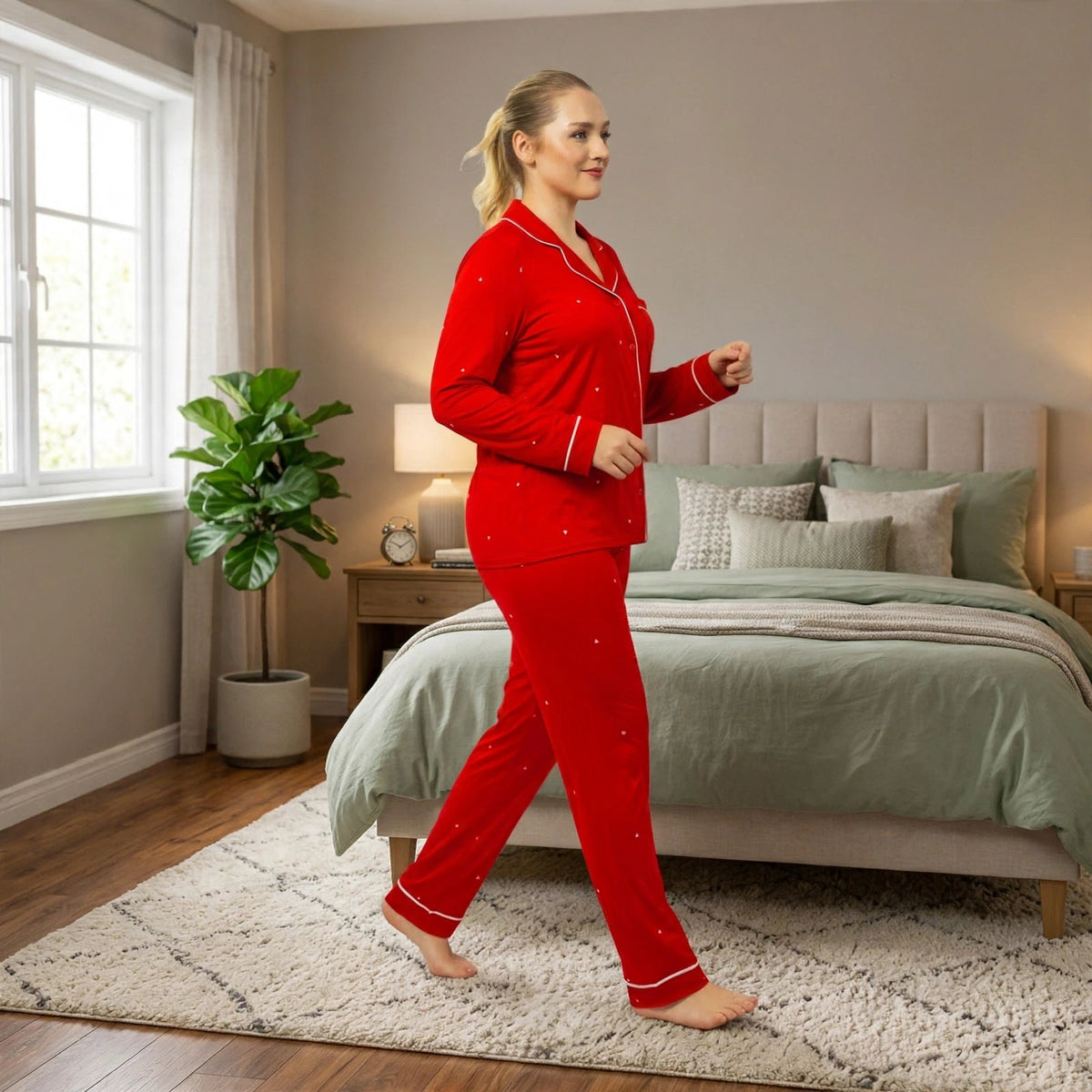Women’s Red Heart Print Pyjama Set – Long Sleeve Lounge & Sleepwear