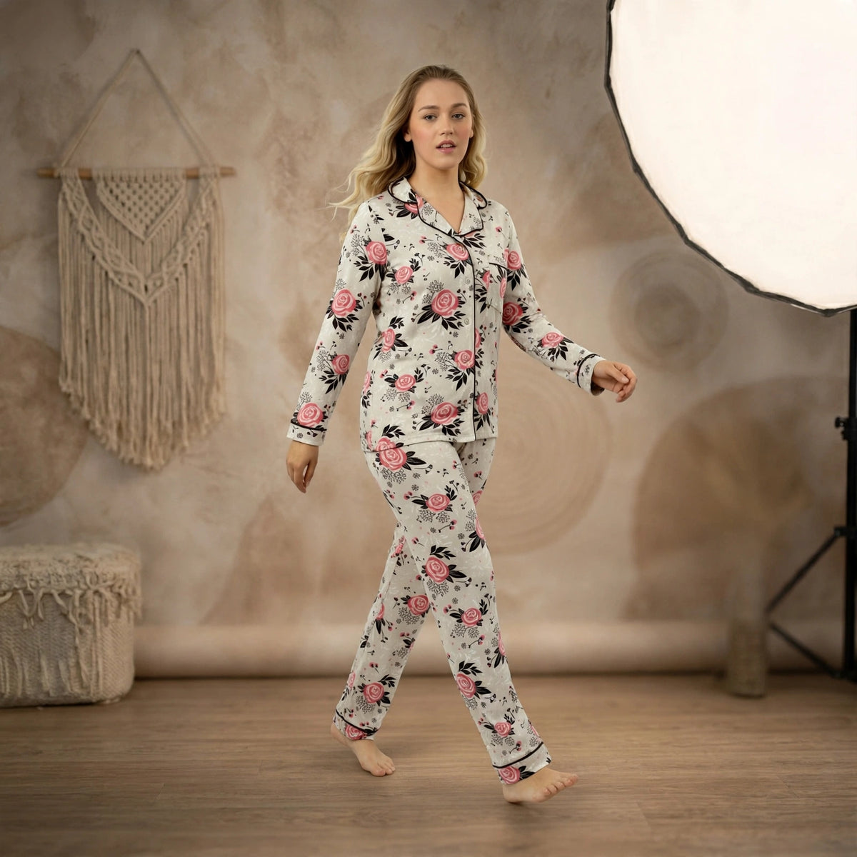 Women’s Floral Print Pyjama Set – Long Sleeve Button-Up Nightwear