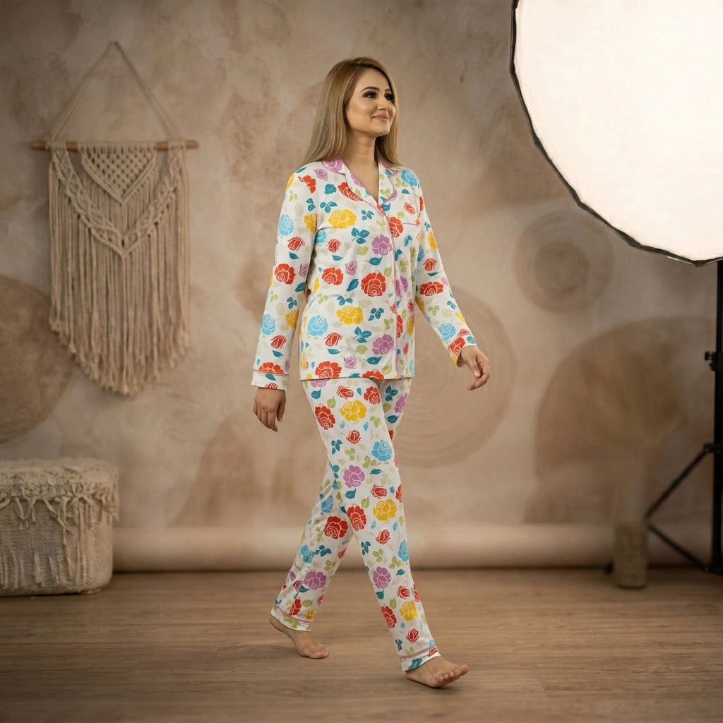 Women’s Floral Pyjama Set – Long Sleeve Button Front Nightwear Product Des