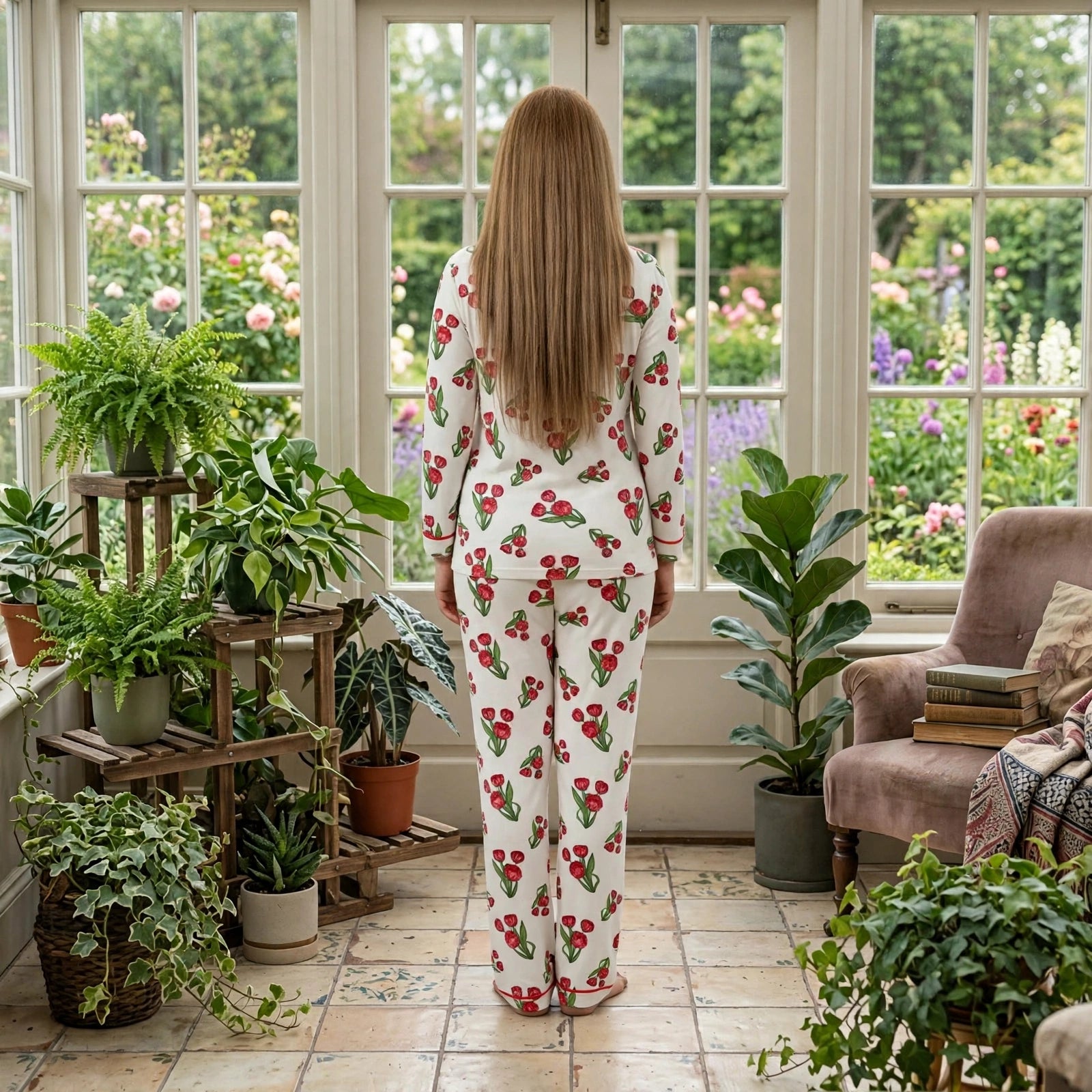Women’s Floral Printed Pyjama Set – Long Sleeve Button Front Lounge Set Secondary image