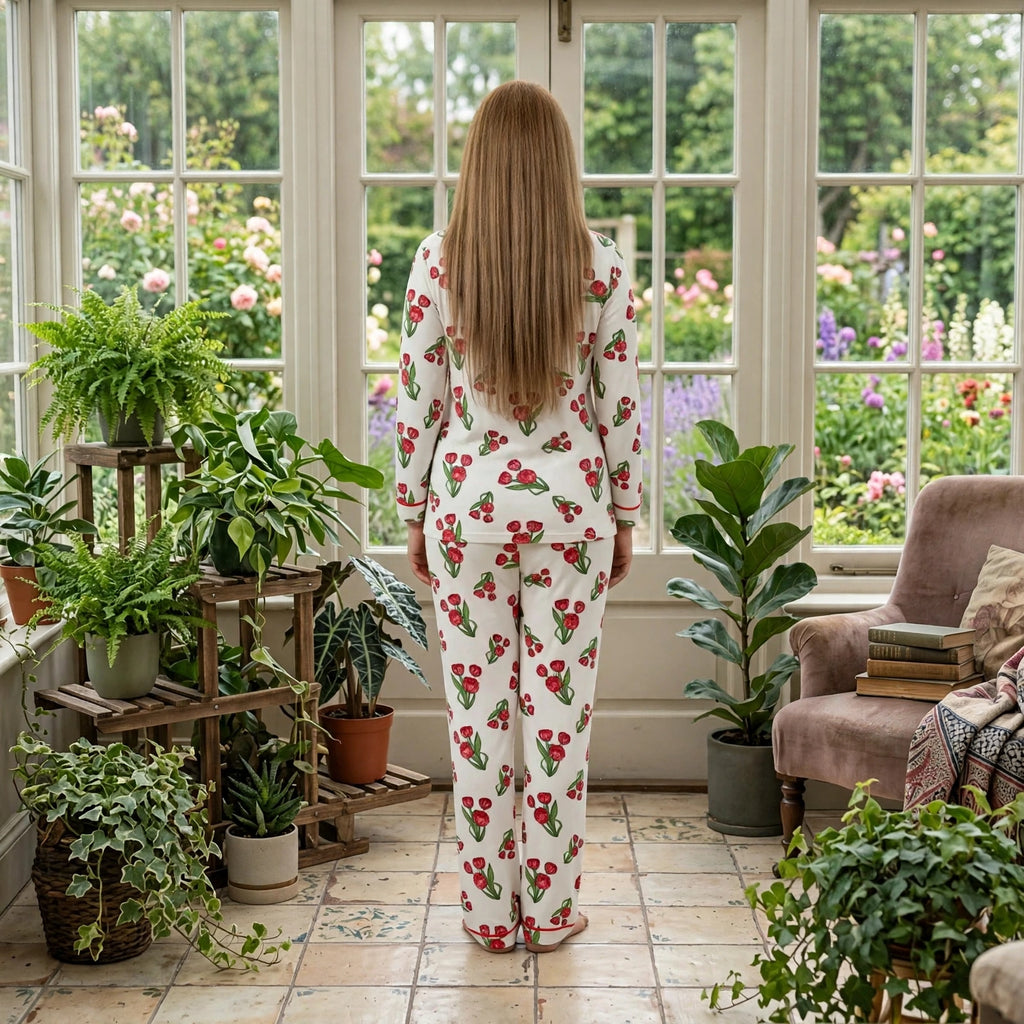 Women’s Floral Printed Pyjama Set – Long Sleeve Button Front Lounge Set