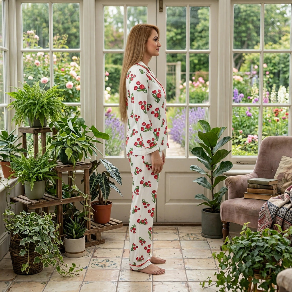 Women’s Floral Printed Pyjama Set – Long Sleeve Button Front Lounge Set