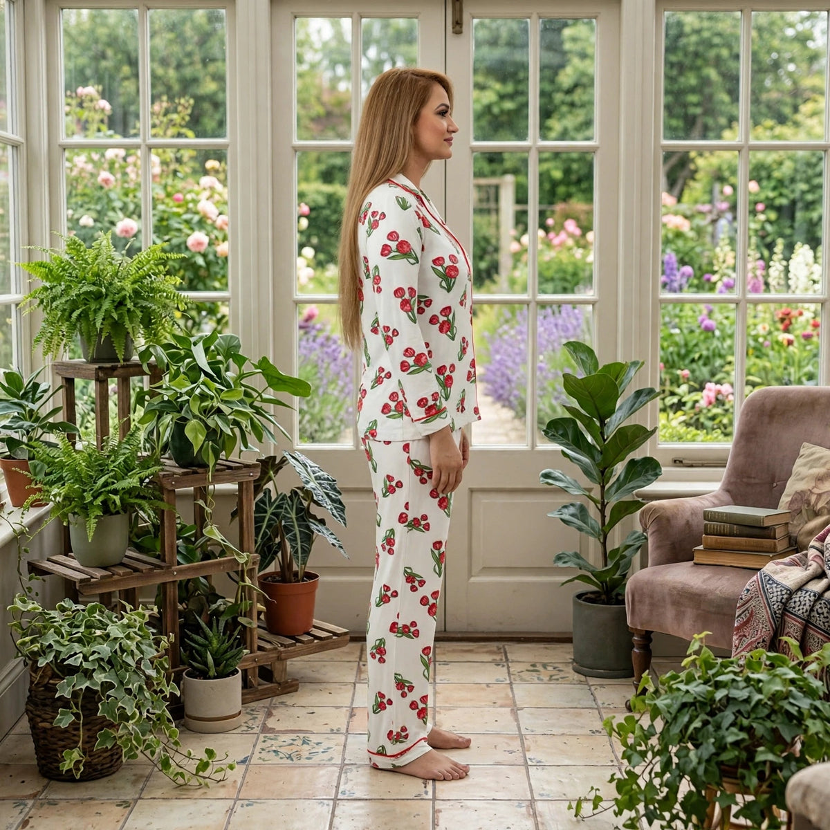 Women’s Floral Printed Pyjama Set – Long Sleeve Button Front Lounge Set