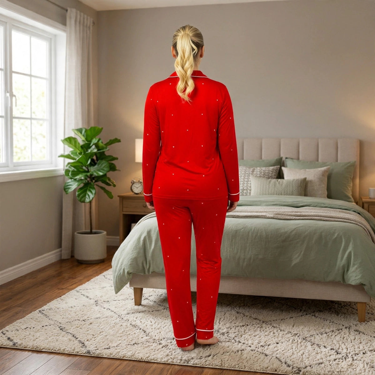 Women’s Red Heart Print Pyjama Set – Long Sleeve Lounge & Sleepwear