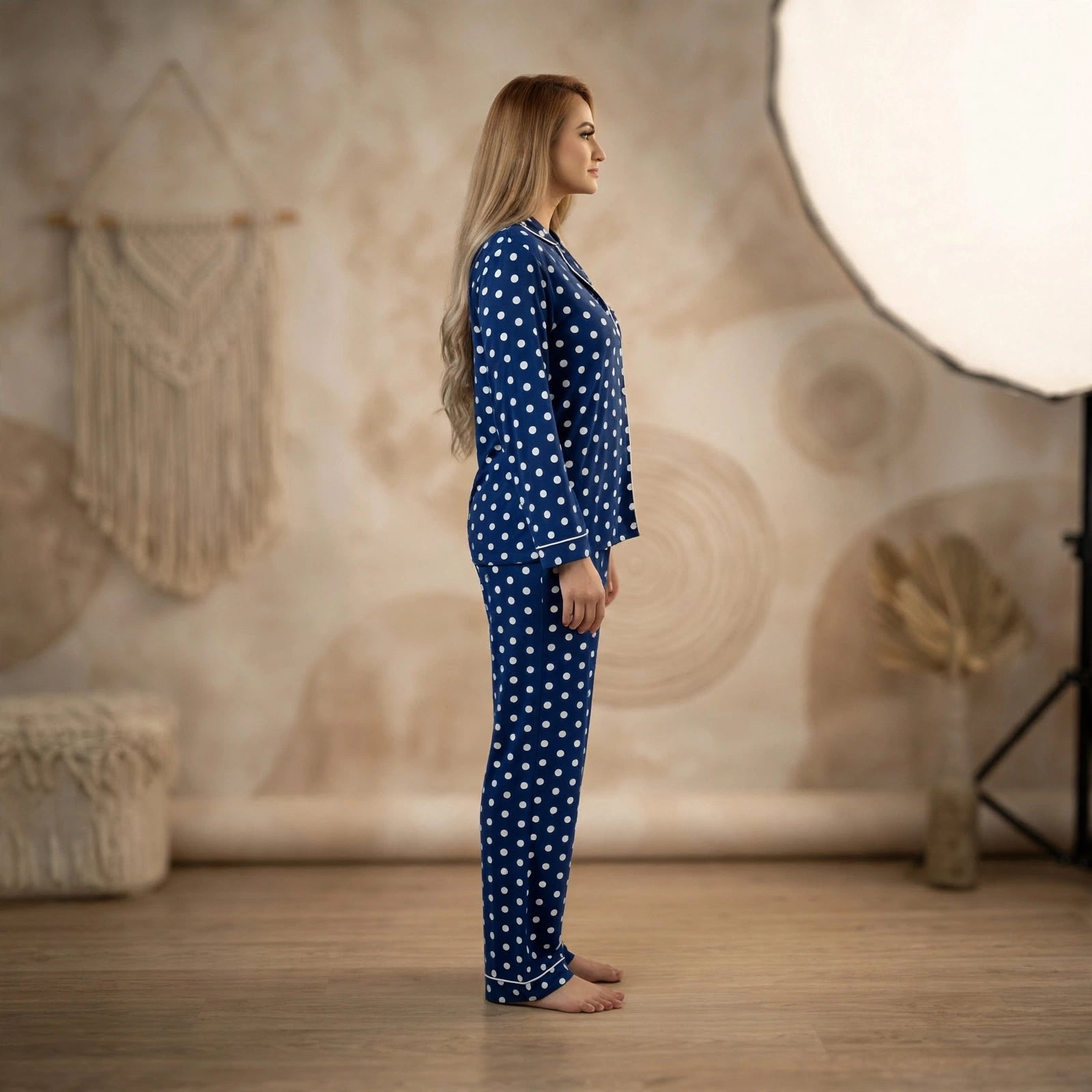 Women’s Navy Blue Polka Dot Pyjama Set – Long Sleeve Satin Sleepwear Secondary image