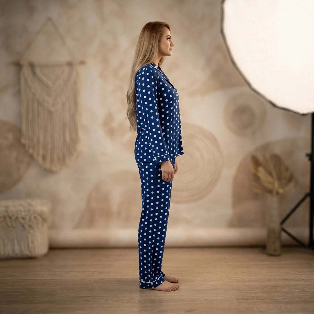 Women’s Navy Blue Polka Dot Pyjama Set – Long Sleeve Satin Sleepwear
