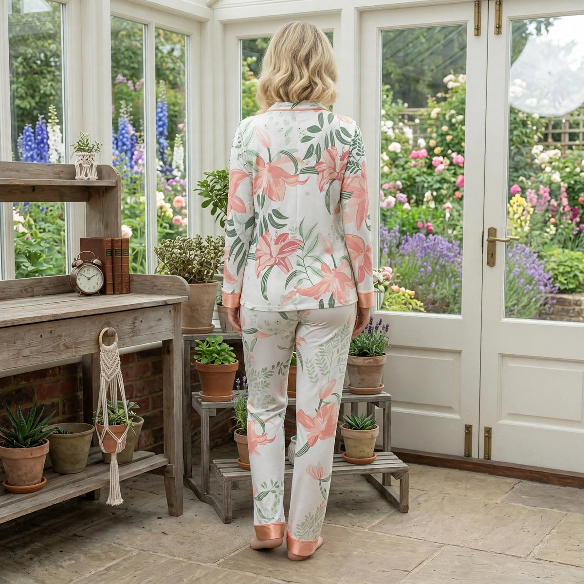 Women’s Floral Satin Pyjama Set – Soft Long Sleeve Button-Up Nightwear, White & Pink