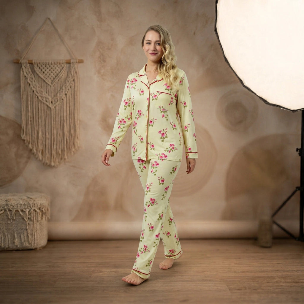 Women’s Floral Pyjama Set – Long Sleeve Button Front Nightwear
