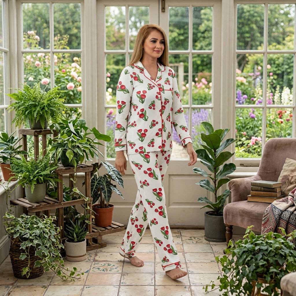 Women’s Floral Printed Pyjama Set – Long Sleeve Button Front Lounge Set