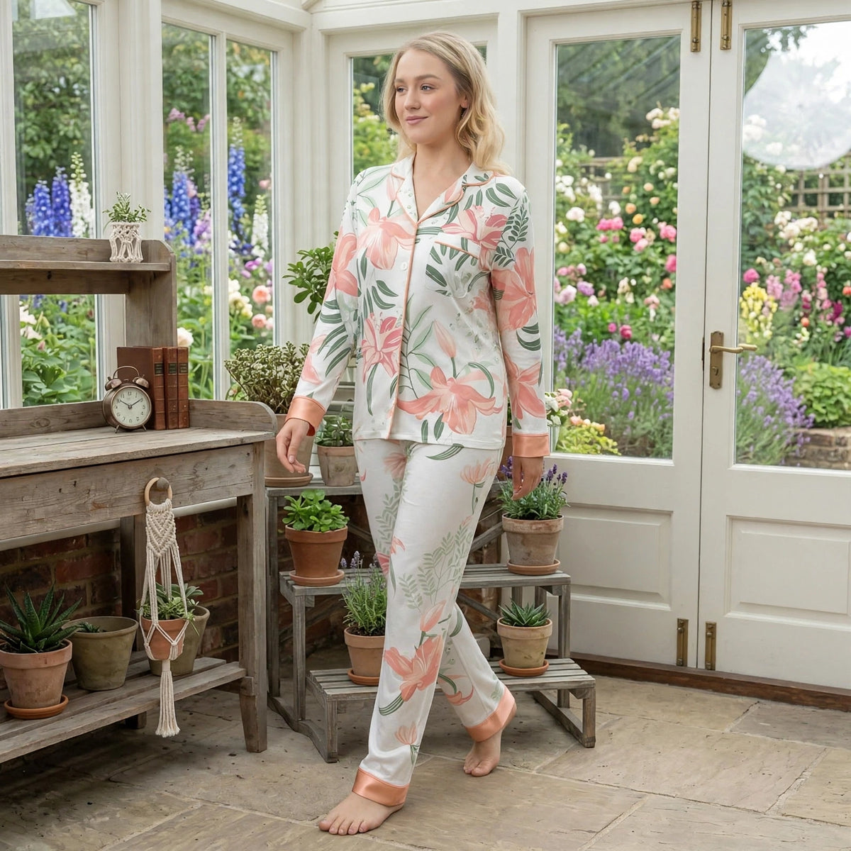 Women’s Floral Satin Pyjama Set – Soft Long Sleeve Button-Up Nightwear, White & Pink