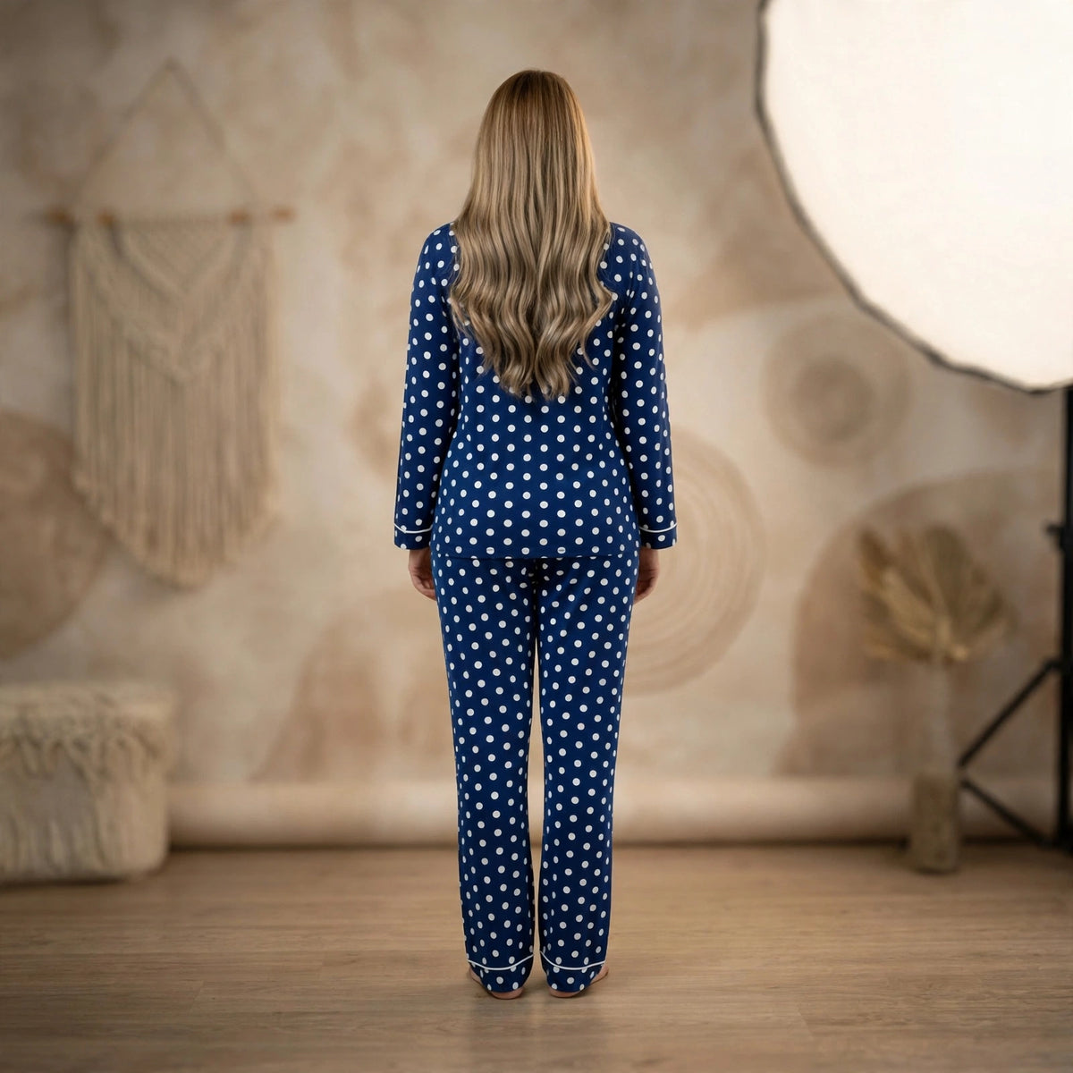 Women’s Navy Blue Polka Dot Pyjama Set – Long Sleeve Satin Sleepwear