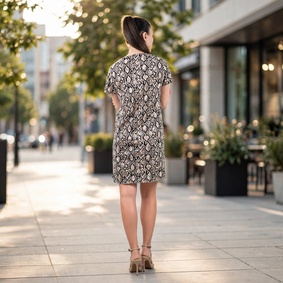 London Vibez Snakeskin Print Short-Sleeve Casual Mini Dress
