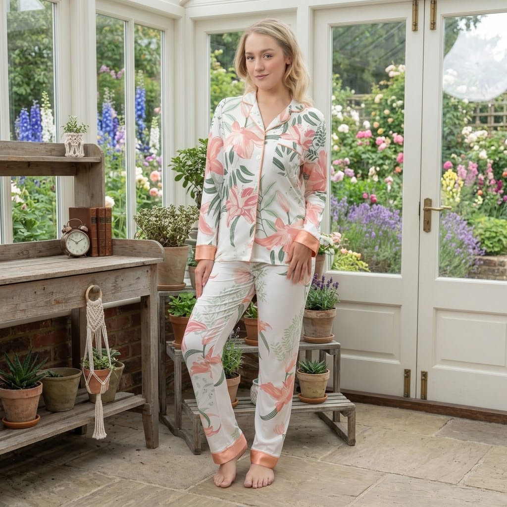 Women’s Floral Satin Pyjama Set – Soft Long Sleeve Button-Up Nightwear, White & Pink