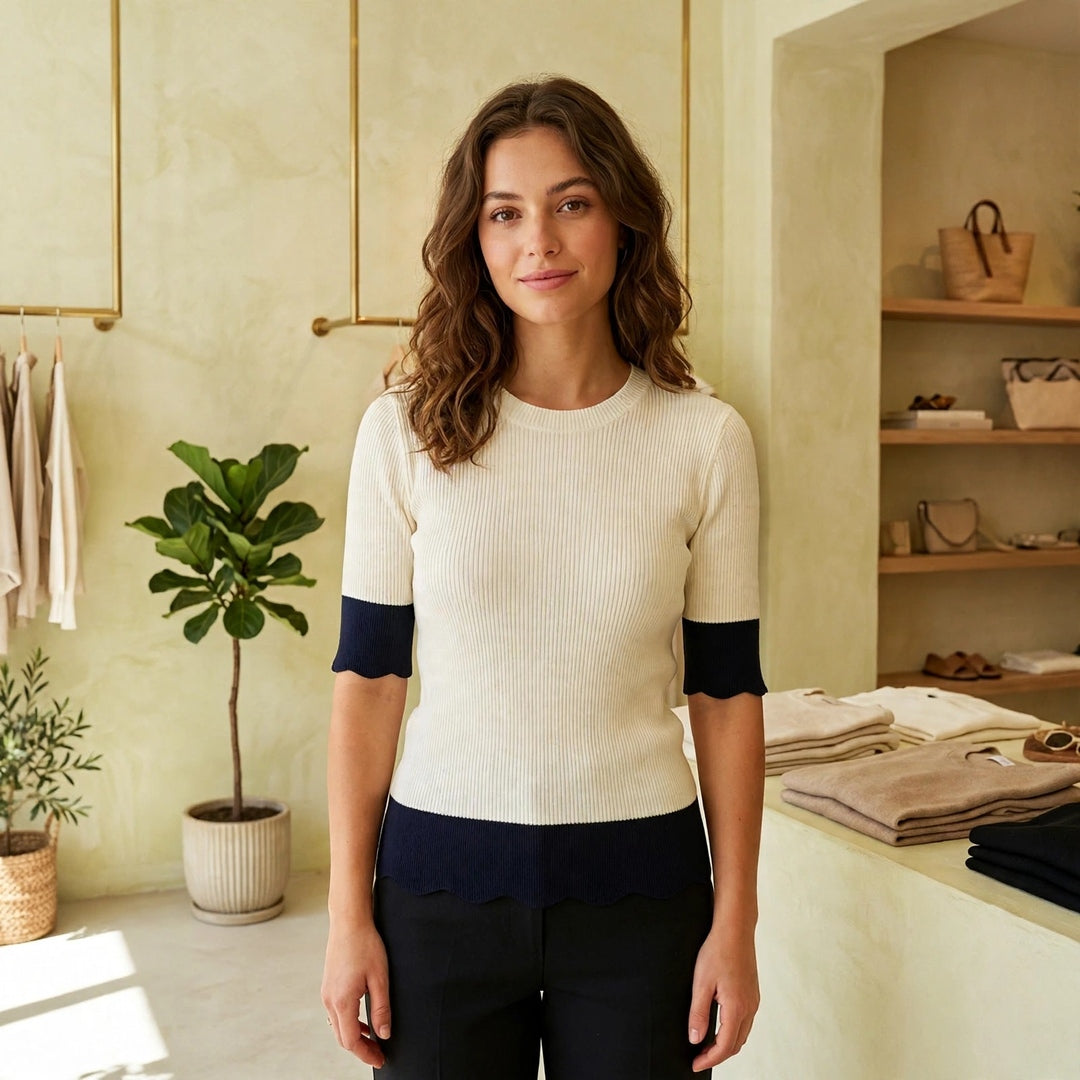 Ribbed Short Sleeve Sweater – Cream Main image